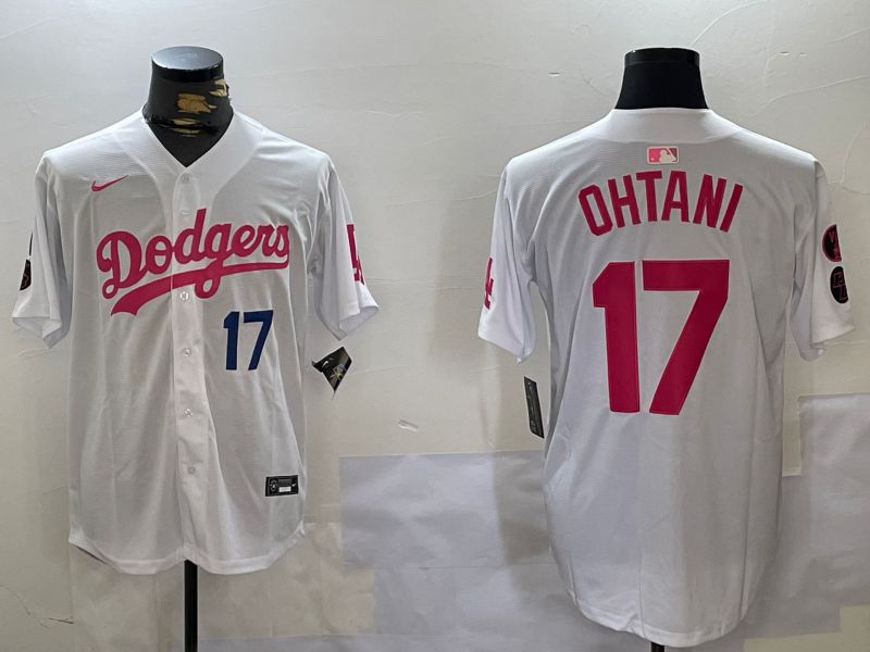 Men Los Angeles Dodgers #17 Ohtani White pink joint name 2024 Nike MLB Jersey style 10278